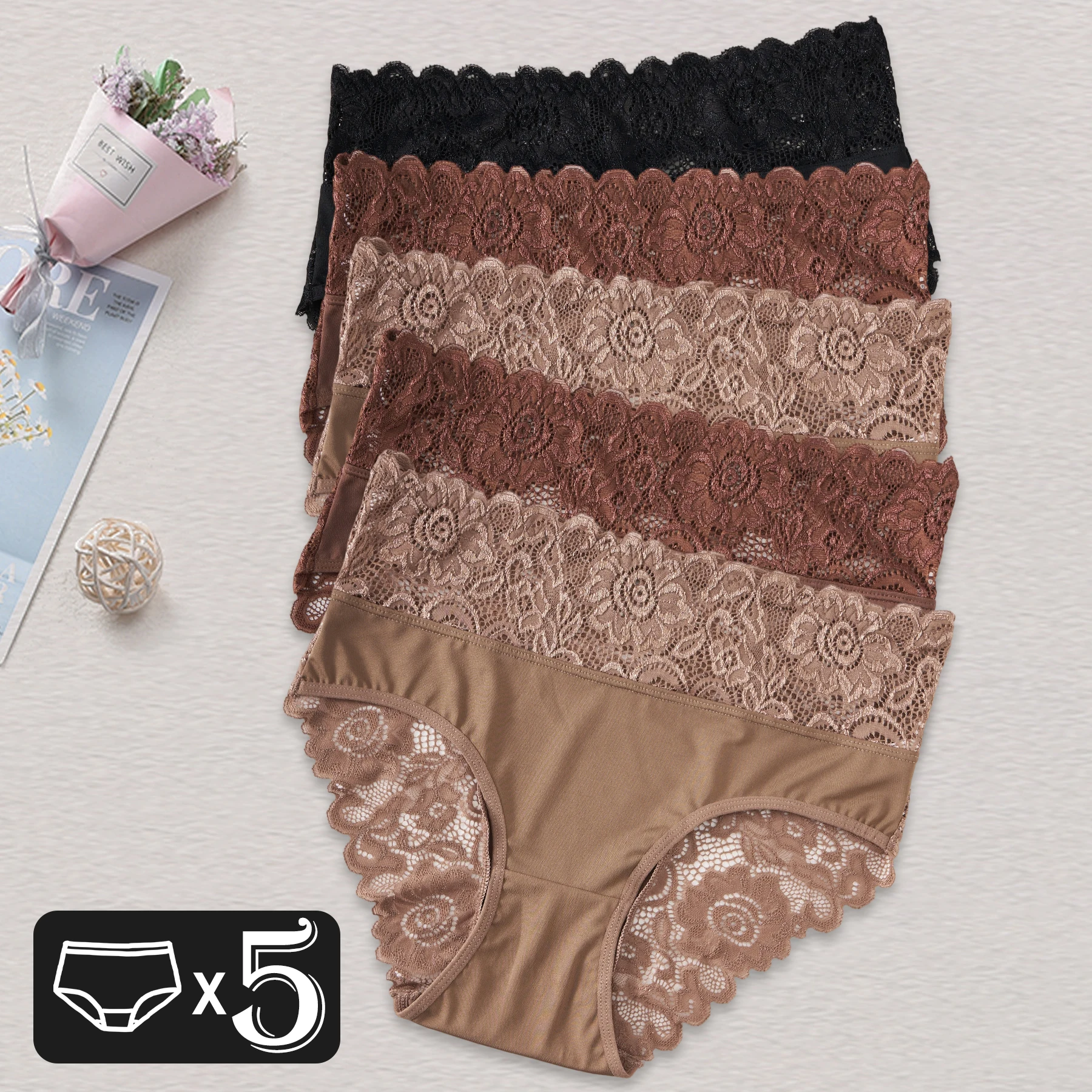 

5 шт. темное нижнее белье, женские трусы с высокой талией, элегантные кружевные трусики с цветочной вышивкой, однотонное удобное нижнее белье
