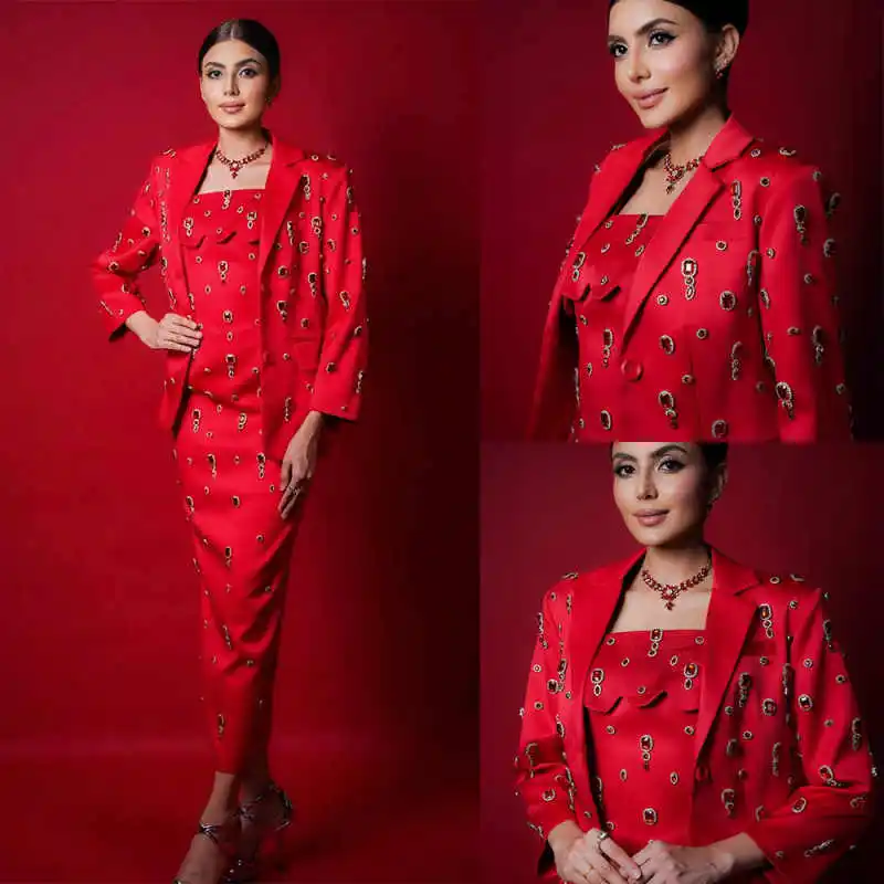 

Exquisite Full Sleeve Women Suits Notched Lapel Blazer+Tea Length Skirt 2 Pieces Slim Fit Rhinestone Party Dress Customized