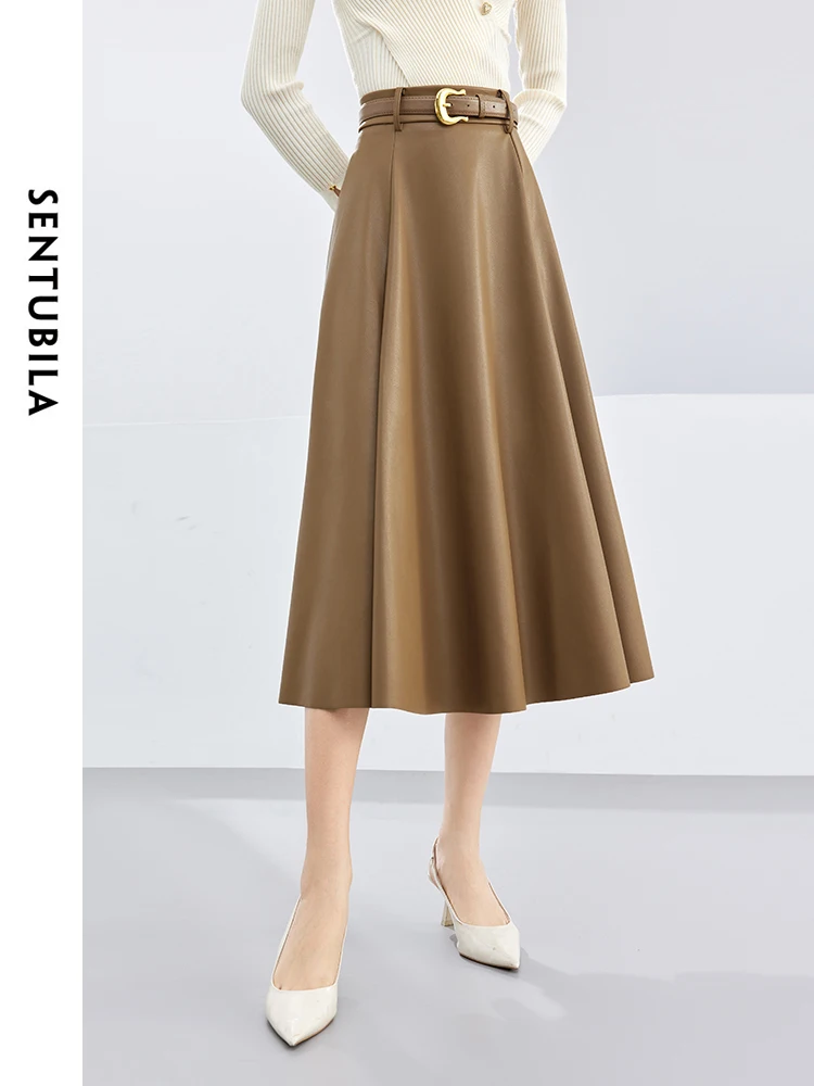 

SENTUBIL Elegant PU Leather A-line Umbrella Skirt 2024 Autumn Winter Solid Simple High Waist Commuter Midi Skirts 141Q53409