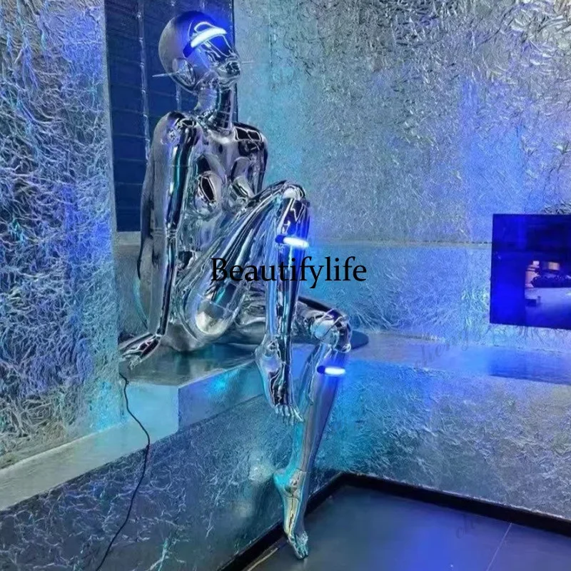 03 futuristic mechanical Ji humanoid sitting statue electroplated appearance floor lamp punk style art decorative ornament
