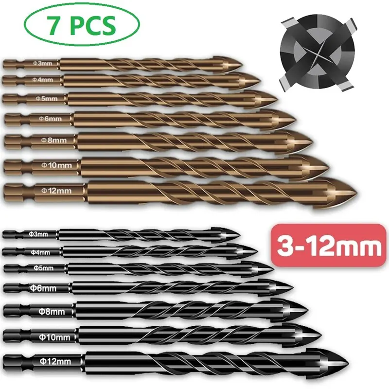 7pcs 3-12mm Cross Hex Tile Overlord Drill Bits Set For Glass Ceramic Concrete Hole Opener Brick Hard Alloy Triangle Bit Tool Kit