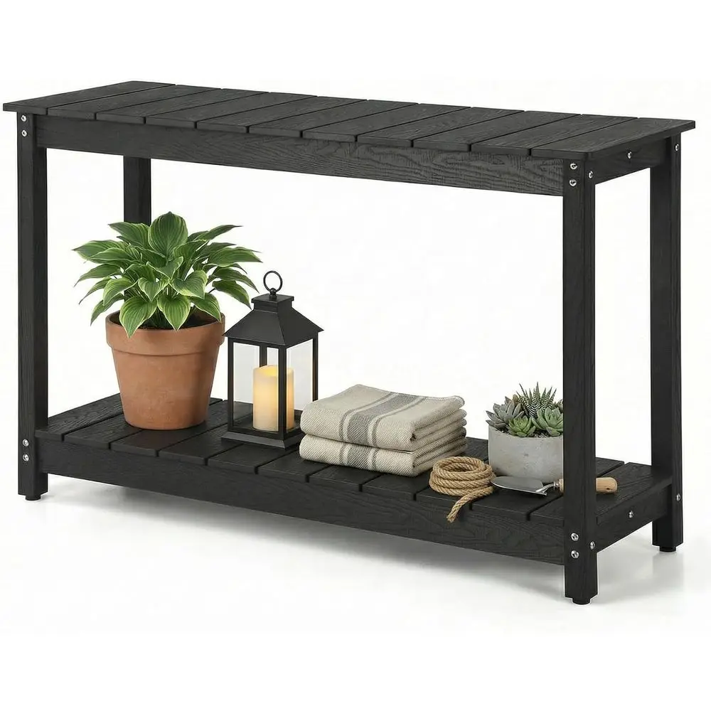 

48 Outdoor Weatherproof HIPS Patio Side Table, 440lbs Capacity, 2-Tier Multifunctional Bar Storage Organizer for Garden Deck, Bl