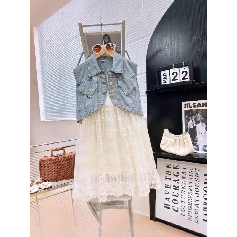 

2025Summer Girls' Denim Vest Jacket+Lace Dress Girls' Denim Strap Dress Two-Piece Set