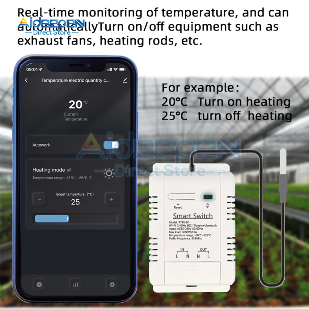 

Tuya APP AC85-250V 16A Temperature and Humidity Monitoring WiFi Switch Wireless Control Compatible With Alexa Google Home