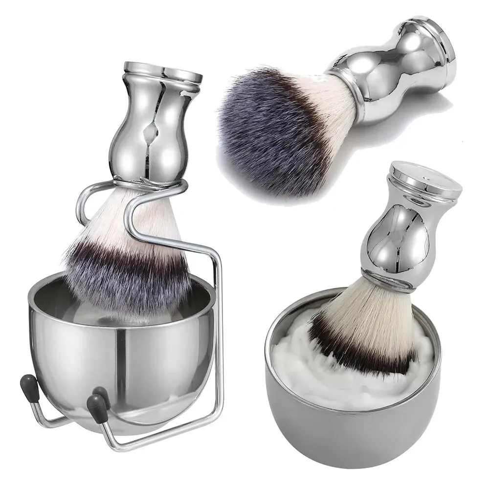 3in1 Vegan Style Synthetic Badger Hair Shaving Brush, Stainless Steel Shaving Soap Bowl and Brush Holder Stand Set for Men