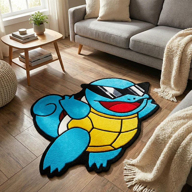 Sunglass-Wearing Squirtle Rug: Fun Blue-Yellow Pokémon Plush Mat