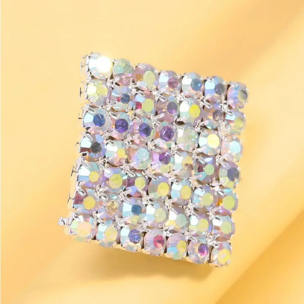Shiny Crystal Exaggerated Square Rings Finger Jewelry Adjustable Large Geometric Rhinestone Open Rings Hand Decoration Dance Gif