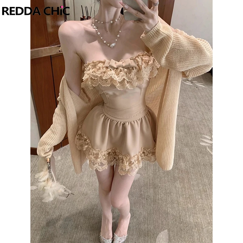 REDDACHiC Cutecore 3-piece Women Matching Set Bow Corset Tube Top Lace Trim Mini Skirt Knit Long Sleeves Cardigan Autumn Clothes