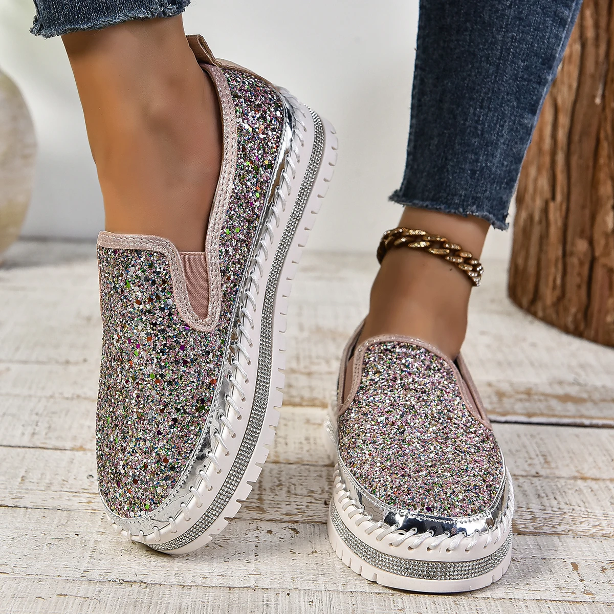 Luxury Designer Shoes Ladies Flat Sequined Sneakers Casual Women\'s Mesh Lace-up Fine Diamond Sequins Platform Vulcanized Shoes