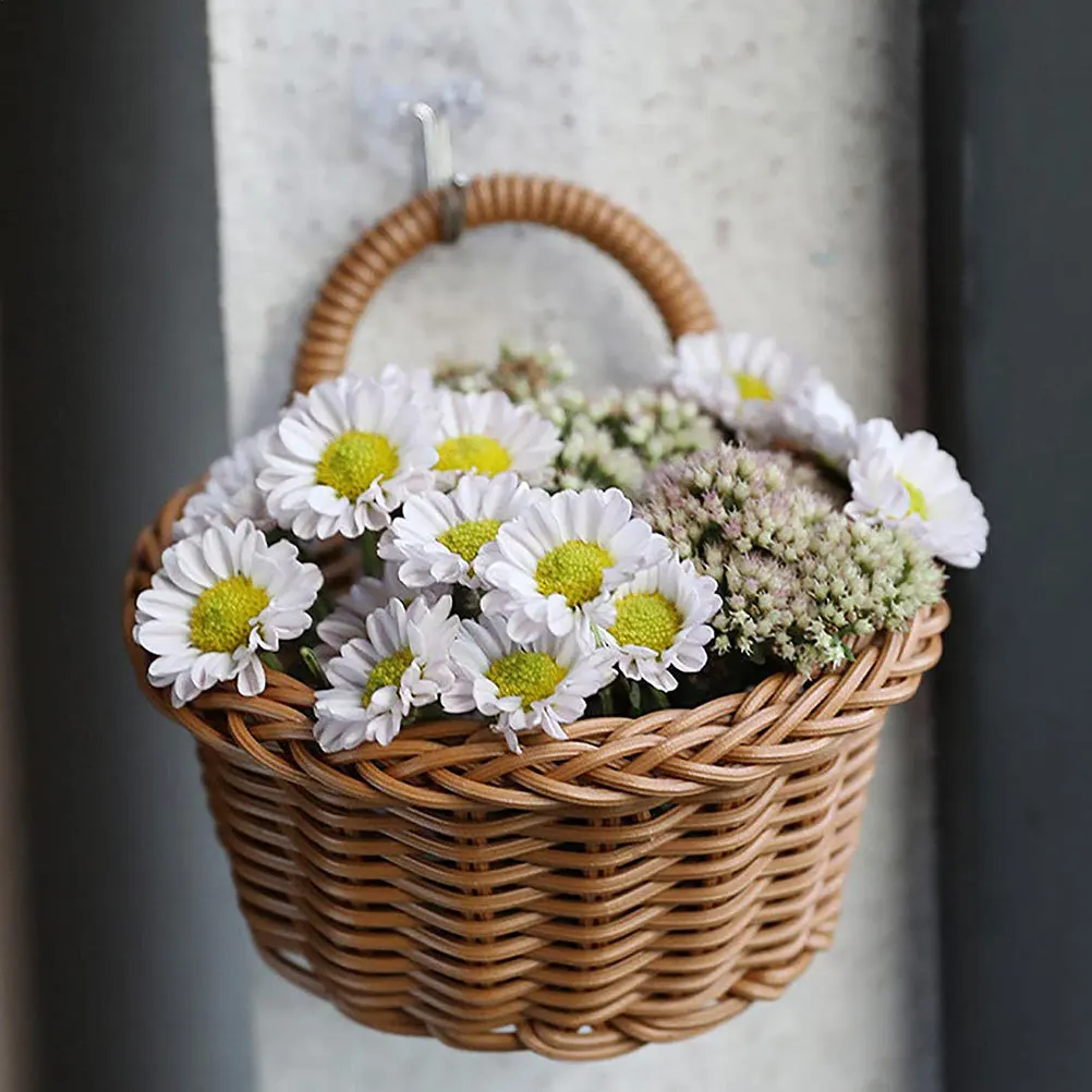 

Multi Function Woven Storage Basket Light Brown Wall Hanging Rattan Style Flower Holder for Garden Balcony Home Organization