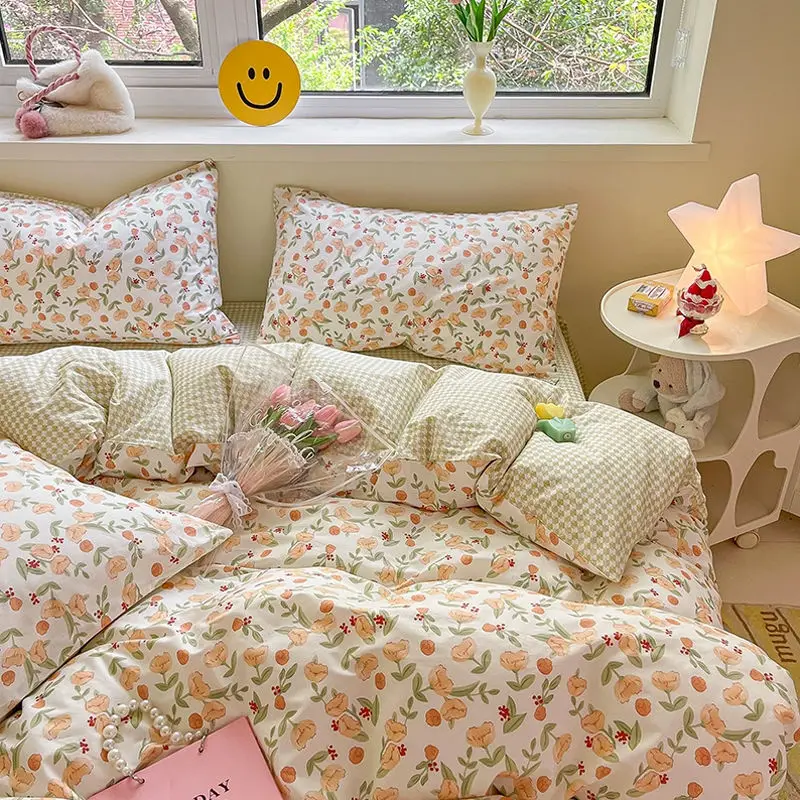 Imagem -06 - Conjunto de Capa de Edredão para Meninos e Meninas Lençol Plano Fronha Roupa de Cama Floral Cama Azul e Branca Dupla e Queen Size Ins