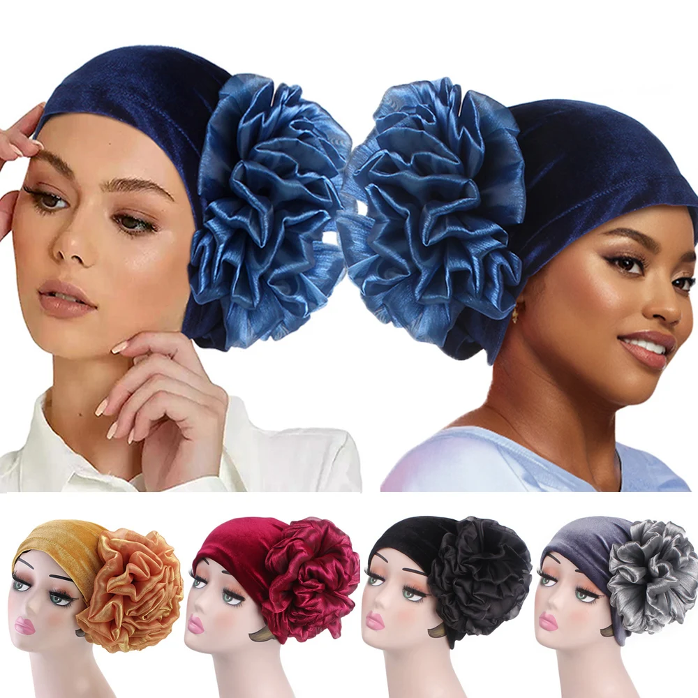 

Velvet Flowers Ethnic Hat For Women Ladies Headscarf Hat Muslim Hijab Headscarf Chemo Cap Beanie Hair Loss Head Cover Wrap