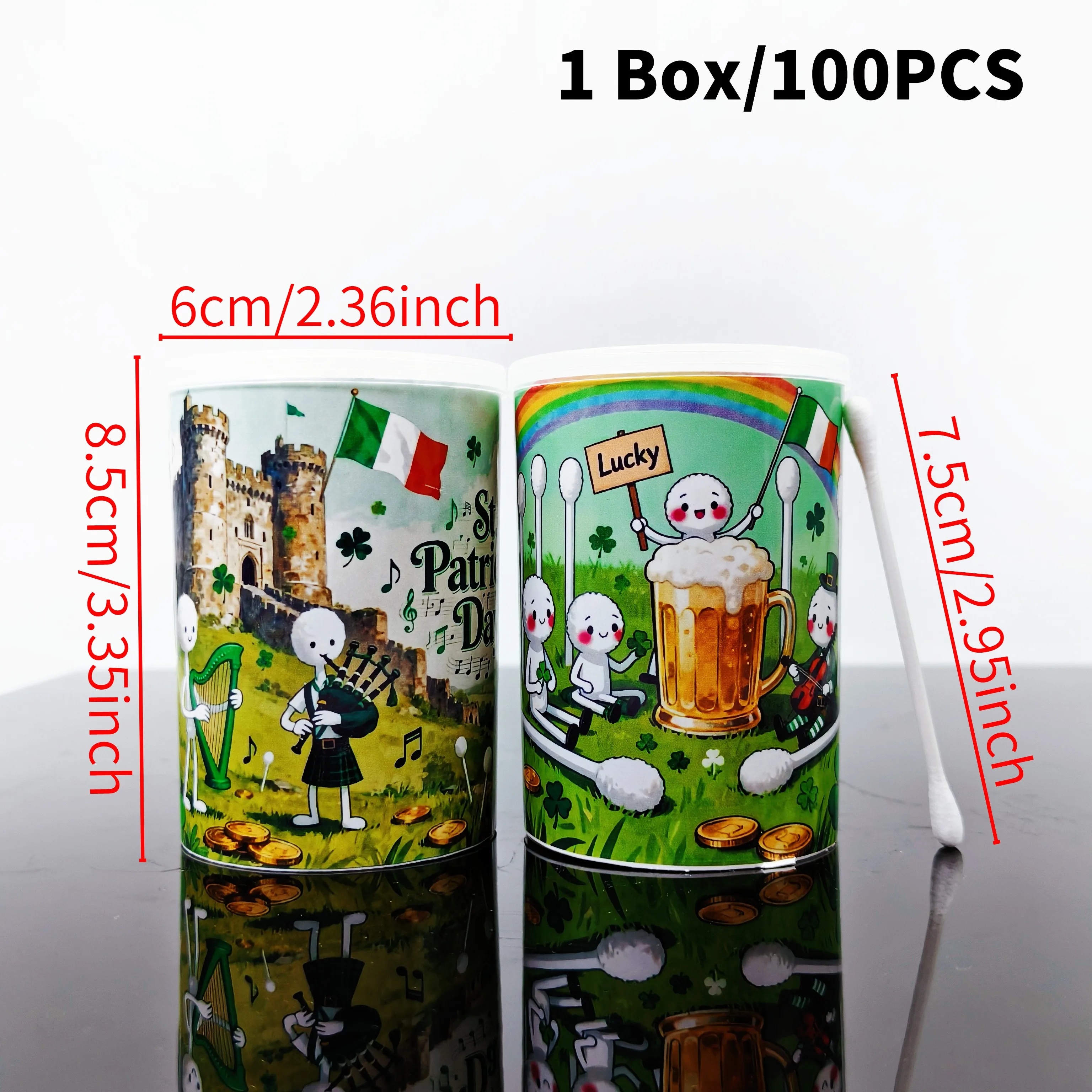 100개/200개 성 패트릭의 날 테마 면봉, 양쪽 끝이 두꺼운 면봉, 이중 원형 면봉