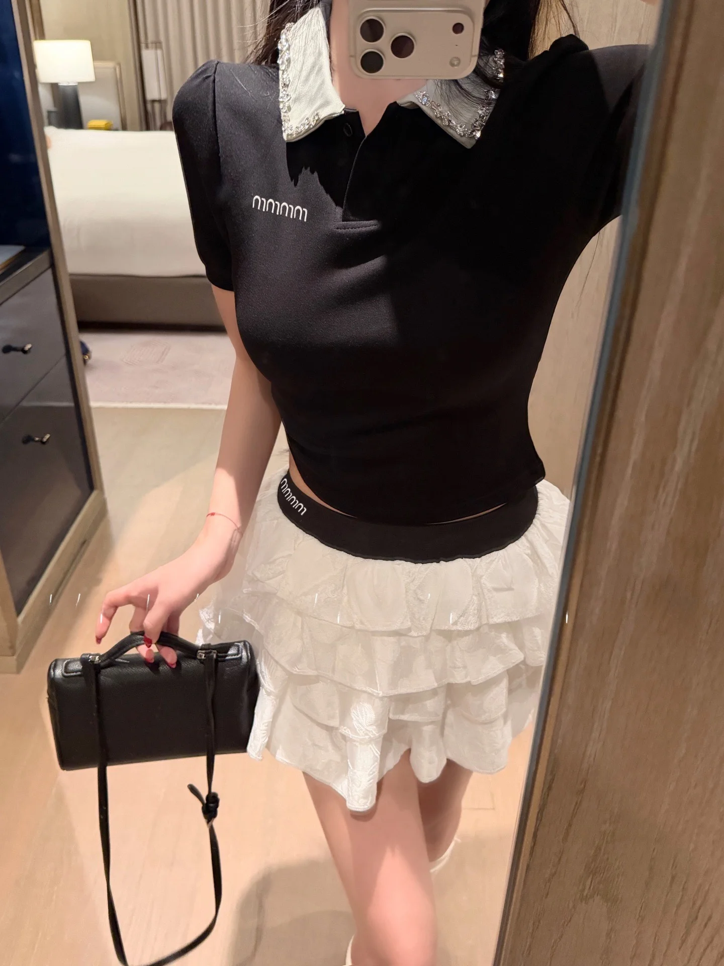 

New Miu Handmade Sewn Brick Neck Short Sleeve Ballet Style Cake Skirt Puffy Skirt Women's T-shirt Sweet Style Embroidery