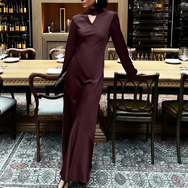 

Ticketsx V-neck Scarf Bibbon Dress Elegant Women Patchwork Long Sleeve Maxi Dress Fashion New Solid Commuter High Street Dress