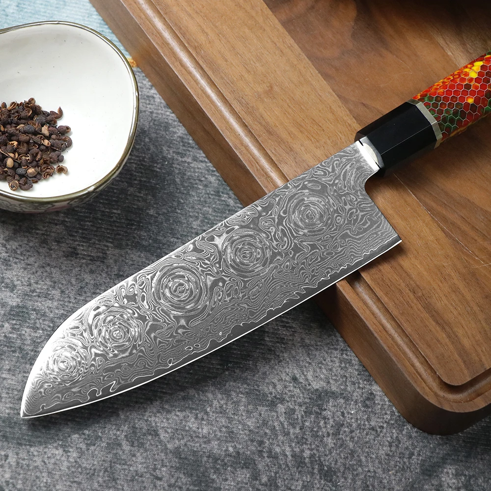 JUMCSONG 7-inch Santoku Knife 67 layer Damascus Steel Chef Knife Japanese Meat Cutter Knife Cooking Knife Fish Raw Knife