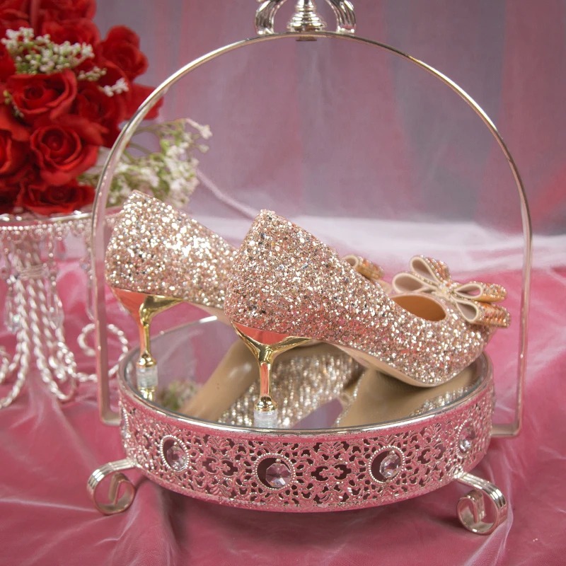 Buty ลlubne Bling Shiny Thin Heels Pumps for Women 2024 Crystal Bow High Heels Shoes Woman Fashion Glitter Wedding Party Shoes