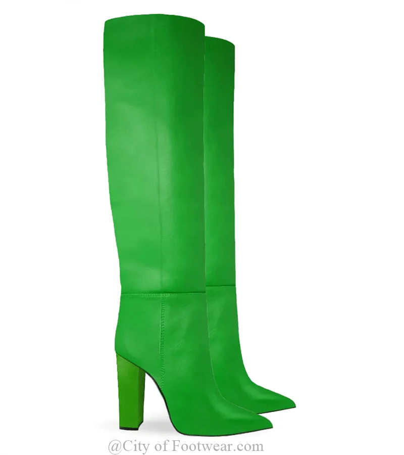 

Pointed Toe Leather Knee High Boots Women Solid Color Chunky Heel Colorful Pull on Tall Boot Luxury Designer Big Size Shoes