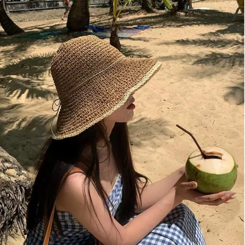 1pc Women's Summer Beach Straw Hat for Women,Wide Brim Visor Bucket Hat Hand Weaving Panama Breathable Floppy Fishing Sun Hats