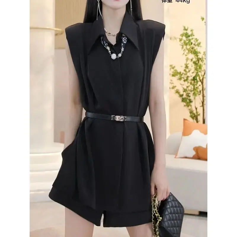 2024 Summer Fashion Simple Commuting Solid Color POLO Collar Shirt Sleeveless Sexy Slimming Top+Shorts Set