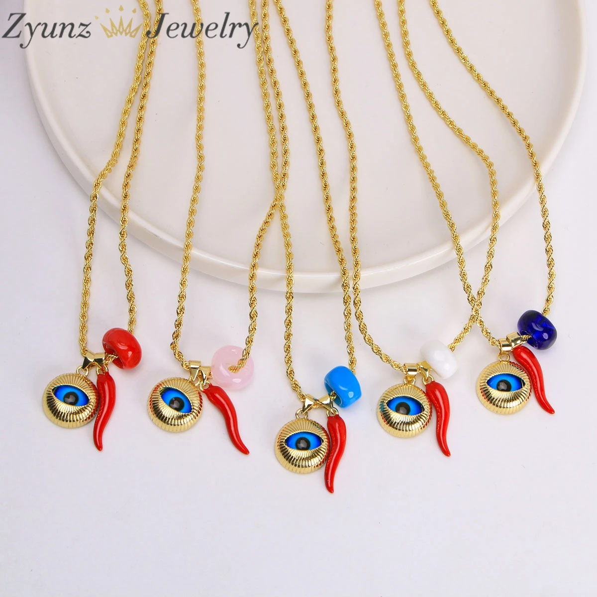 5Pcs, Turkish Evil Eye Necklace Lucky Blue Eye Lampwork Pendant Red Pepper Charms Unisex Fashion Jewelry Necklace