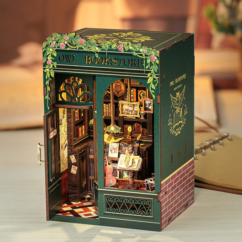 DIY Wooden Book Nook Miniature Kit with LED Lighting – Owl Bookstore Model 3