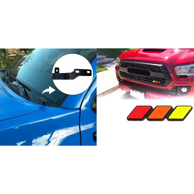 1 Pcs LED Light Pod Metal Hood Mount Bracket Kit/Ditch Hood Light Brackets & 1 Set Of Grill Badge Emblem Tri-Color