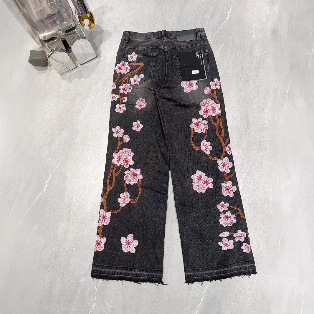 

Прямые джинсы с вышивкой в готическом стиле Sle Sakura Y2K, длинные брюки в стиле ретро ex Faion, джинсовая ткань с талией