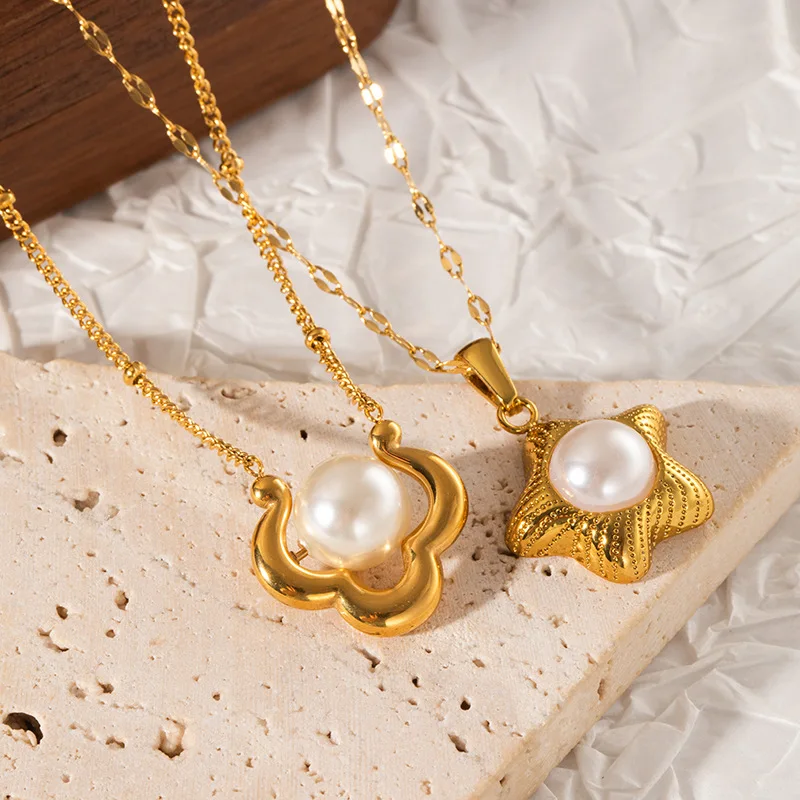 316 الفولاذ المقاوم للصدأ الذهبي ستار هندسية اللؤلؤ قلادة قلادة للنساء الاتجاه الجديد موضة سلسلة عنق مجوهرات هدية