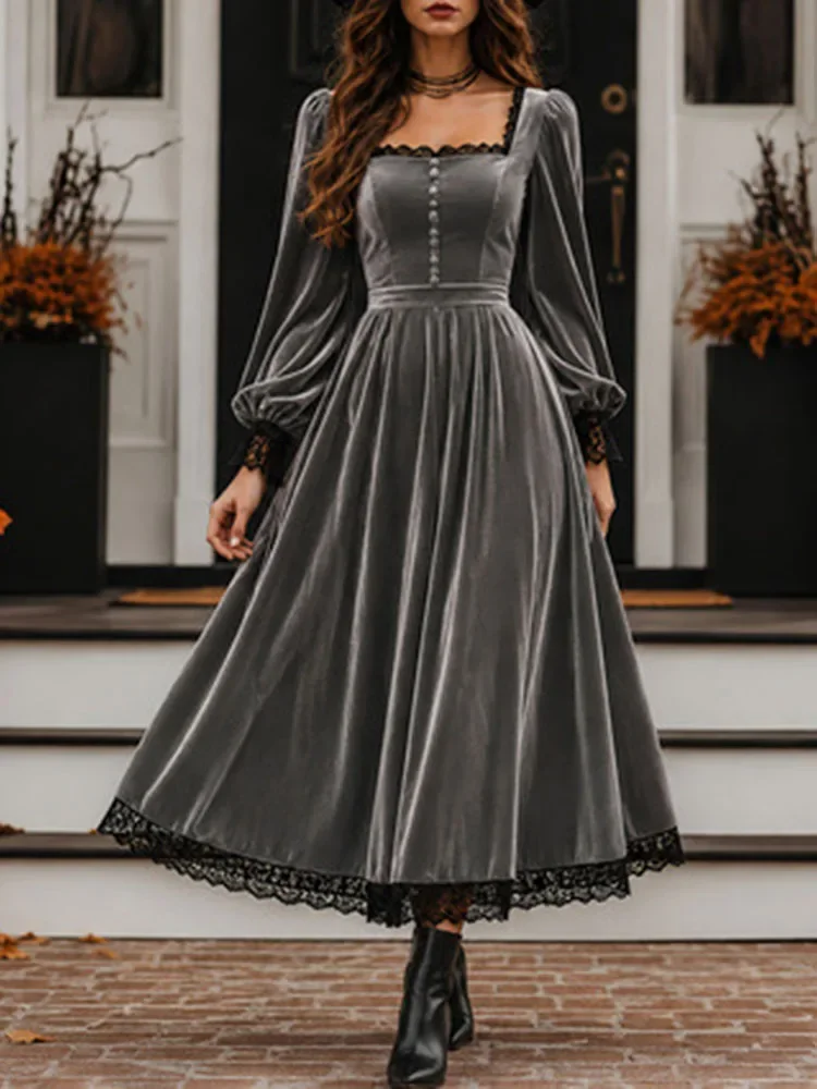 Women Solid Velvet Maxi Dress Square Neck Long Puff Sleeve Lace Trim Button A‑Line Dress Elegant Fall Winter Guest Party Dresses