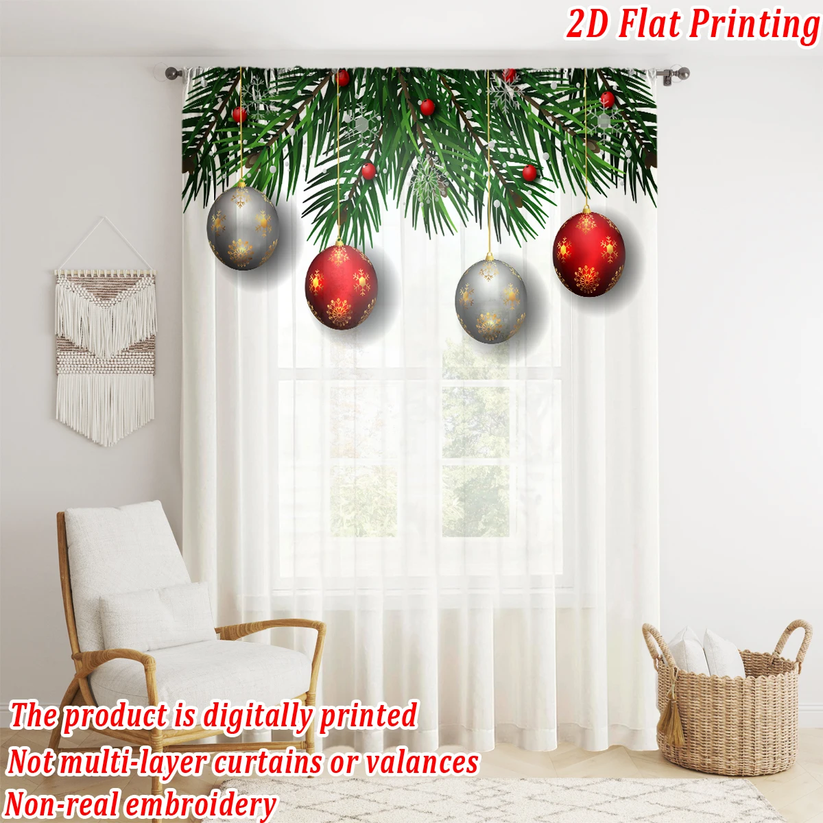 Christmas Flat Printing Sheer Curtain with Christmas Ball Pine Branches Snowflak for Living Room Bedroom Decor Holiday Party