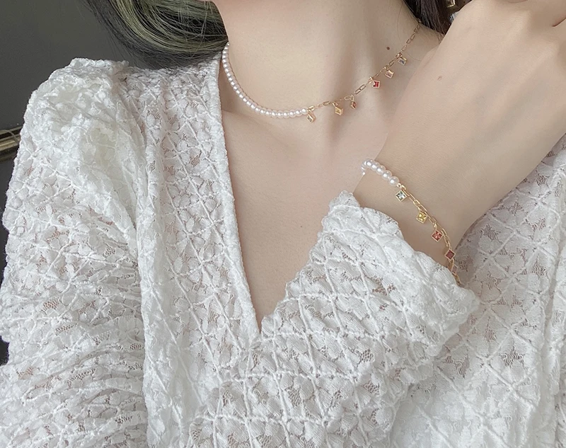 LUOWEND 100% 18K Yellow Gold Necklace Romantic Style Natural Pearl&Sapphire Necklace Bracelet for Women High Party Jewelry Set