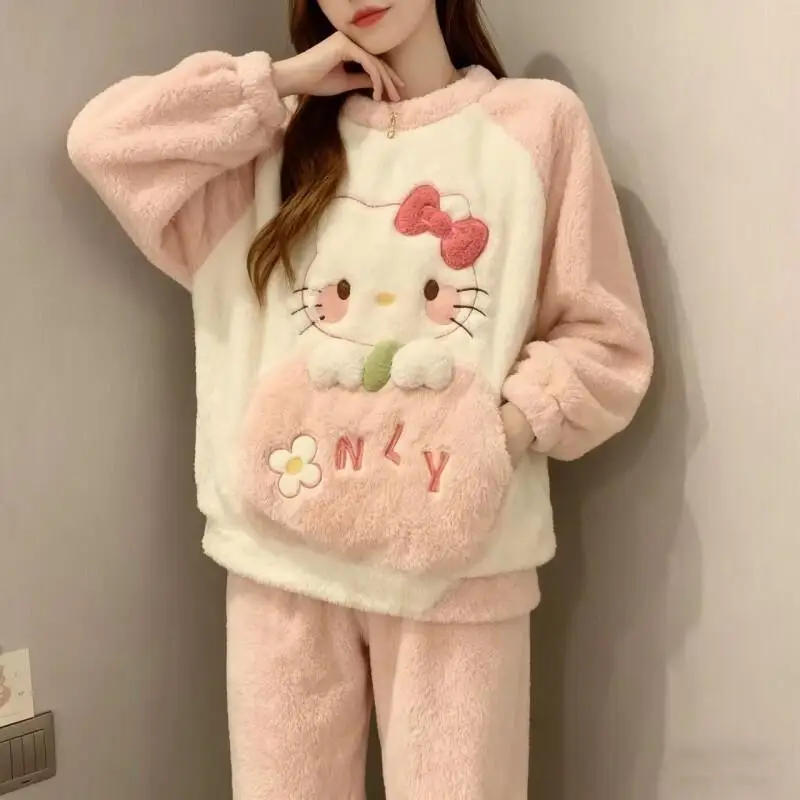 

Winter New Pajamas Girl Flannel Cute Thick Sweet Kitty Cat Loose Warm Set Can Be Worn Outside Kawaii Fashion Sanrio Homewear