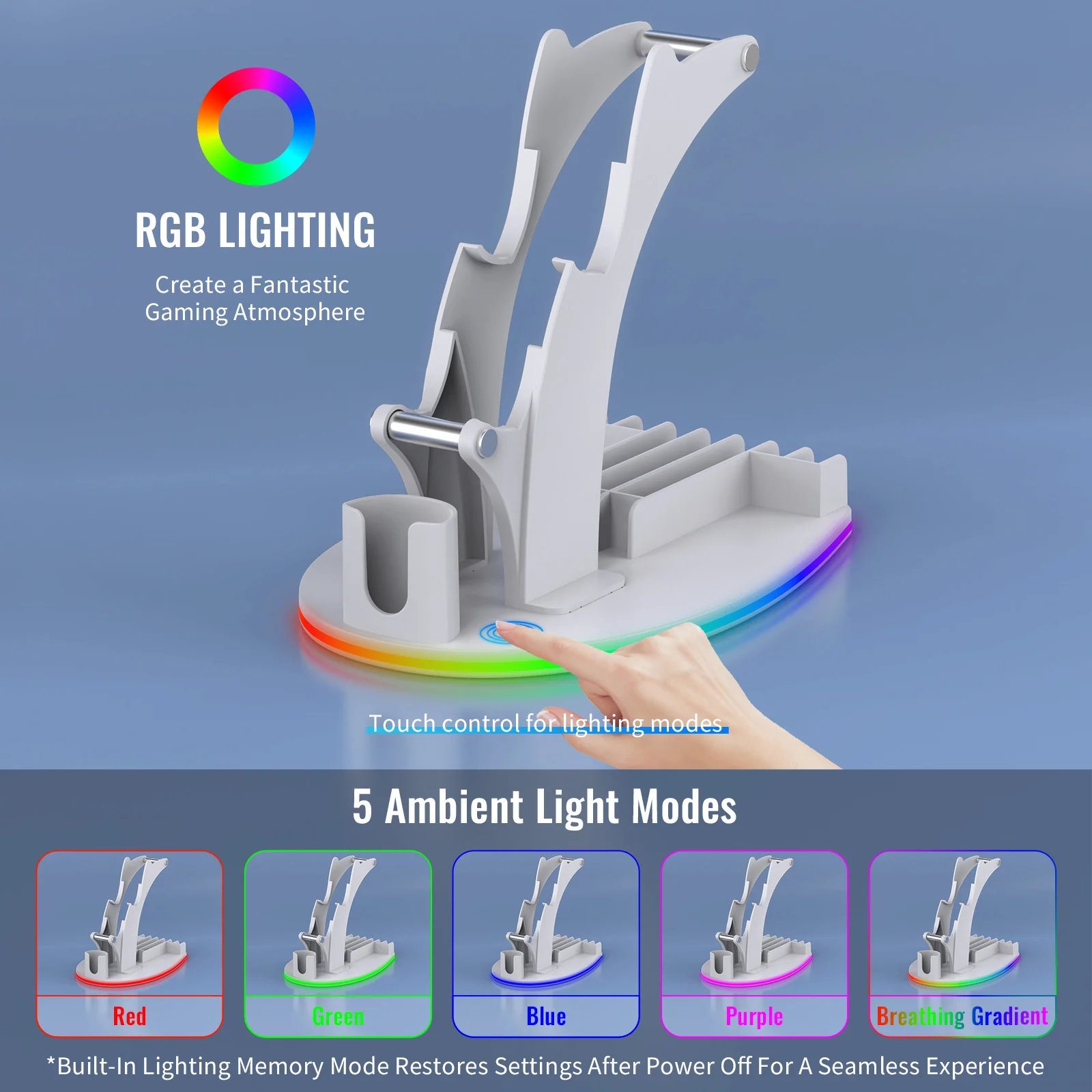 PS5 Desktop Storage Stand with RGB Lights Headphones/Controllers/Remote Players/Discs Illuminated storage rack Game accessories view 4