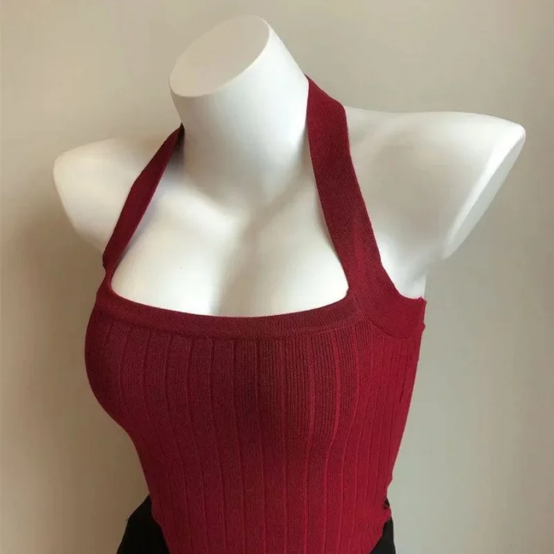 Summer Thin Hong Kong Style Tank Top Women's Vintage Red Knit Open-back Slimming Cropped Halter Neck Wide Shoulder Strap