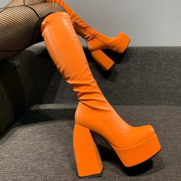 Stivali alti al ginocchio con punta quadrata arancione verde fluorescente donna tacchi spessi elastici sottili Muffin scarpe con plateau con fondo