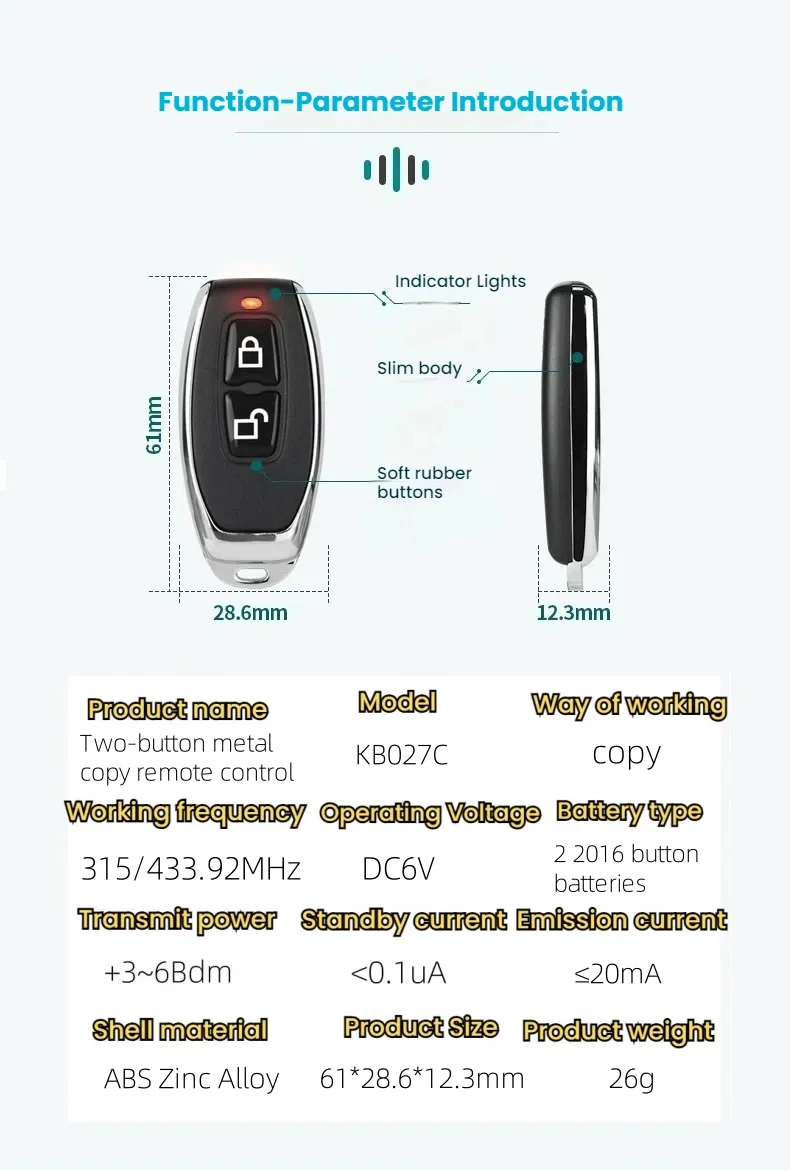 433MHZ Wireless Clone Switch Universal Cloning Copy Gate Garage Door Control Duplicator Remote Control Key