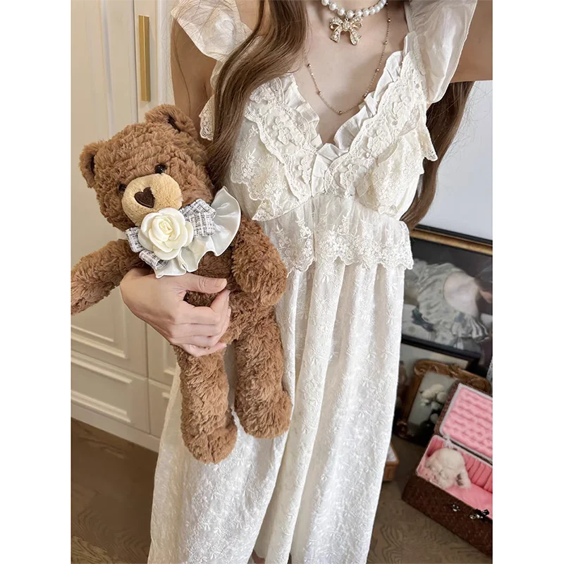 Lace Sleepwear Woman Sleeveless Nightgown Korean Night Dress Summer One Piece Pajamas Dress Ruffles V-neck Night Wears 2024 New