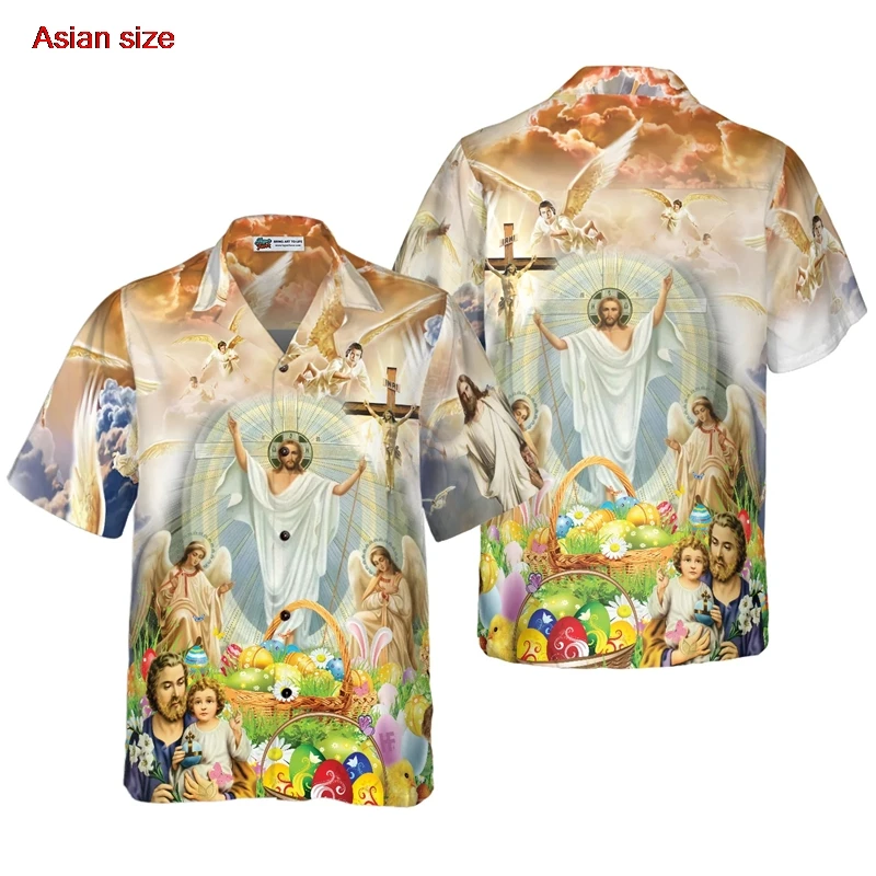 Nuovo Dio Gesù Maria Camicie hawaiane per uomo Pasqua Stampa 3D Harajuku Casual Manica corta Abbigliamento superiore Camicia hawaiana