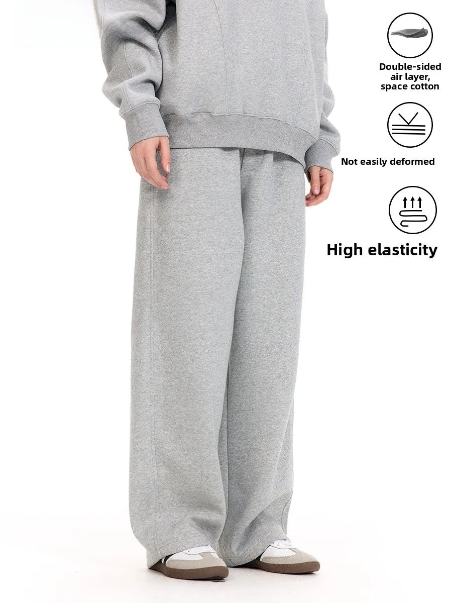 بنطلون رياضي فضفاض للرجال باللون الرمادي ذو طبقة هوائية من القطن كاجوال للخريف والشتاء، ماركة شبابية عصرية، علاج حراري مجاني