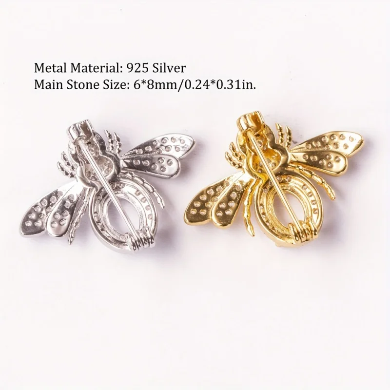 6*8mm Bee Shaped Brooch Pendant, S925 Sterling Silver Four-Prong Brooch Setting, Suitable For Handmade Jewelry Crafting