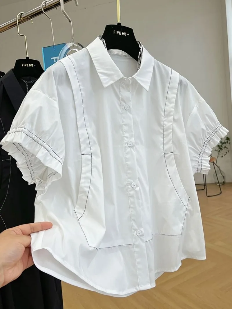 Blusas Mujer De Moda 2024 Casual Short Sleeve Blouse Black White Korean Loose Shirt Button Pleated Striped Shirts Women