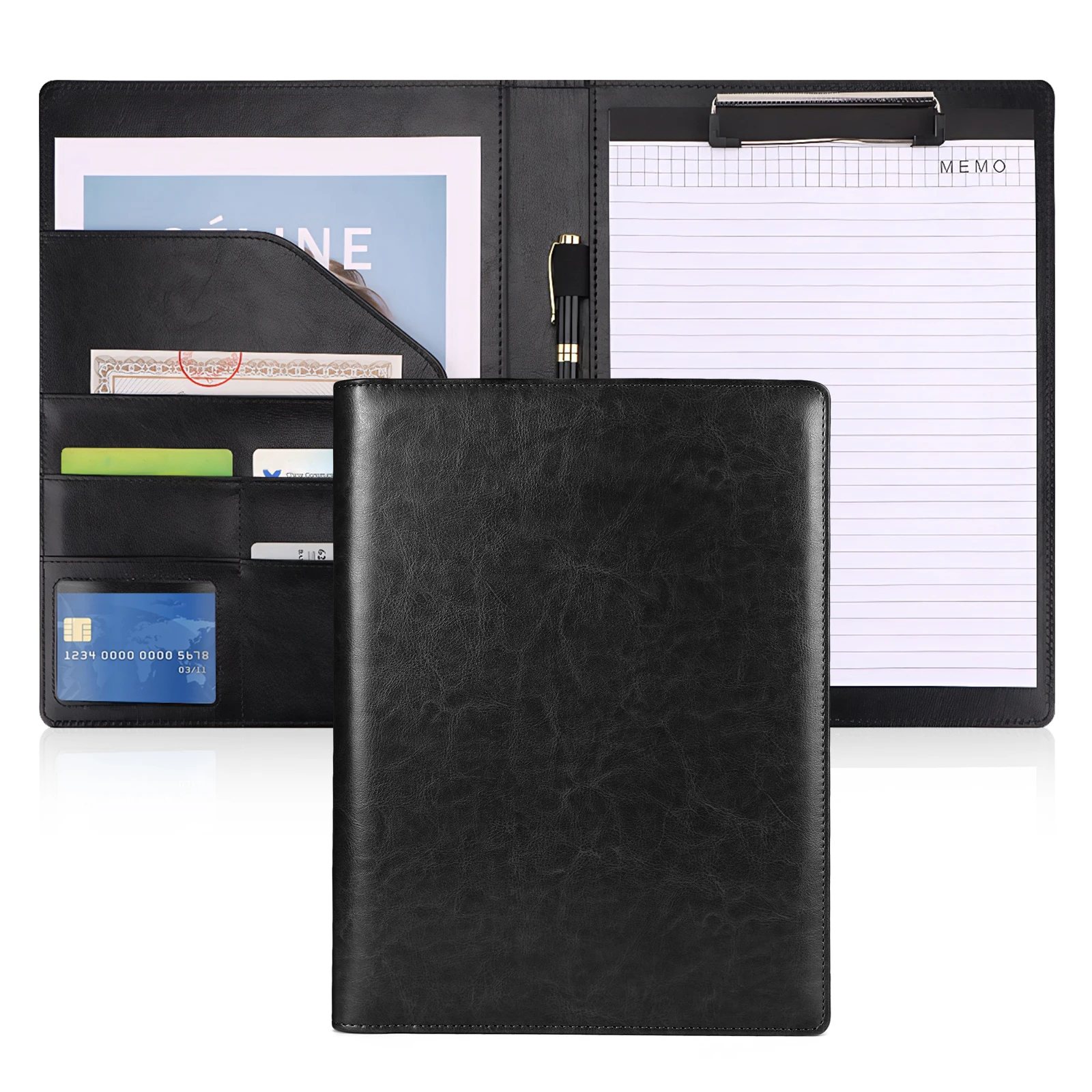 Pasta de transferência a4 com bloco de notas, gerenciador de documentos de negócios, clipe de couro pu, bolsa de arquivo de documentos para reuniões de negócios e viagens