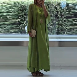 Office Lady Commuter Outfits Elegant Solid Long Dress Matching Long Sleeve Cardigan 2PC Set Autumn O Neck Loose Female Clothing