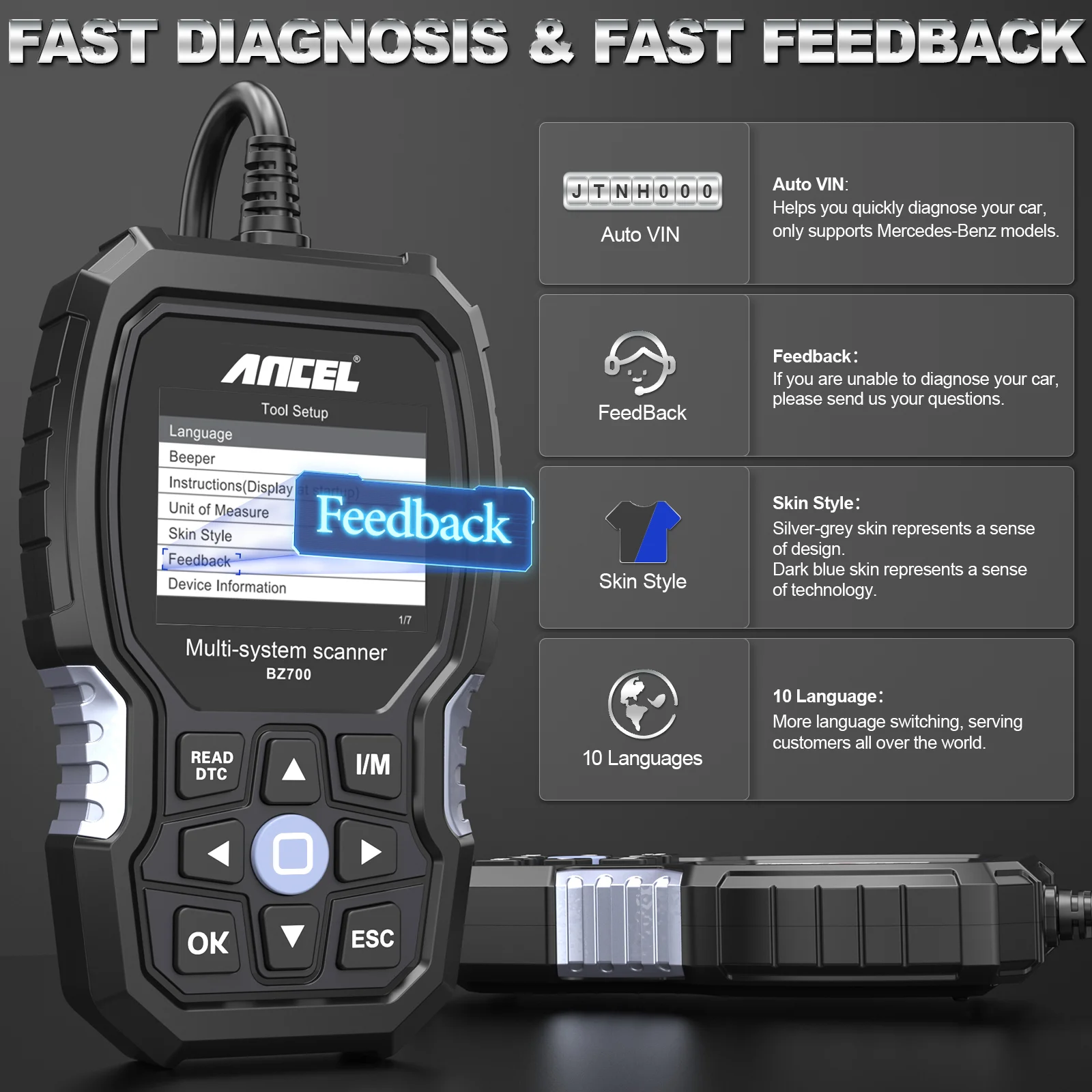 ANCEL 전문 OBD2 스캐너, 메르세데스 벤츠 자동차 코드 리더, ABS, SRS, SAS, TPMS 리셋 스캔 도구, 엔진 진단 도구, BZ700