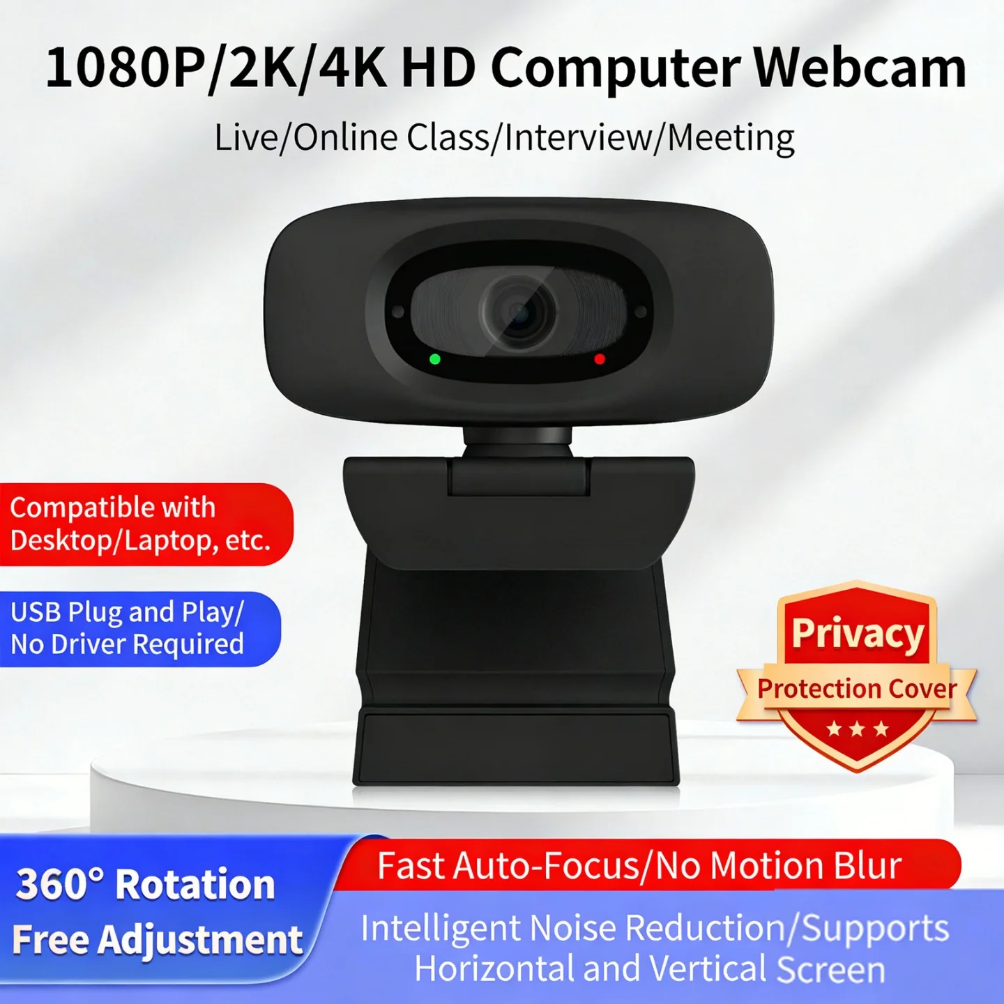 1080P-4K HD Web Camera Smart Noise Reduction Autofocus USB Webcam 120°HD Wide-Angle Microphone PC Laptop Video Shooting Camera
