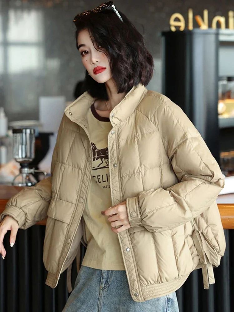 Winter New Literature and Art Sweet Style Fashion Stand Collar Splicing Ultra Lightweight Women Down Jaciets Female Warm Coat