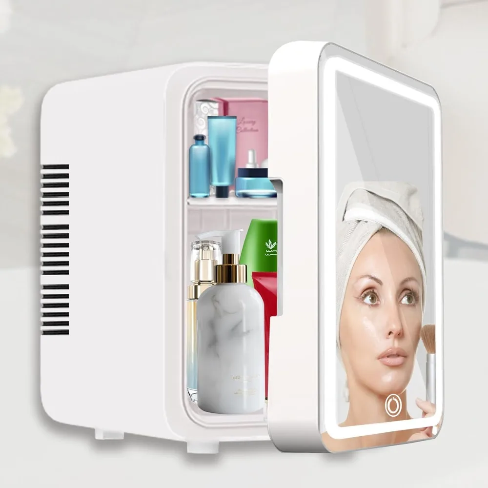 Mini Fridge, Skincare Fridge -With Dimmable LED Mirror (4 Liter/6 Can), Cooler and Warmer, for Refrigerating Makeup