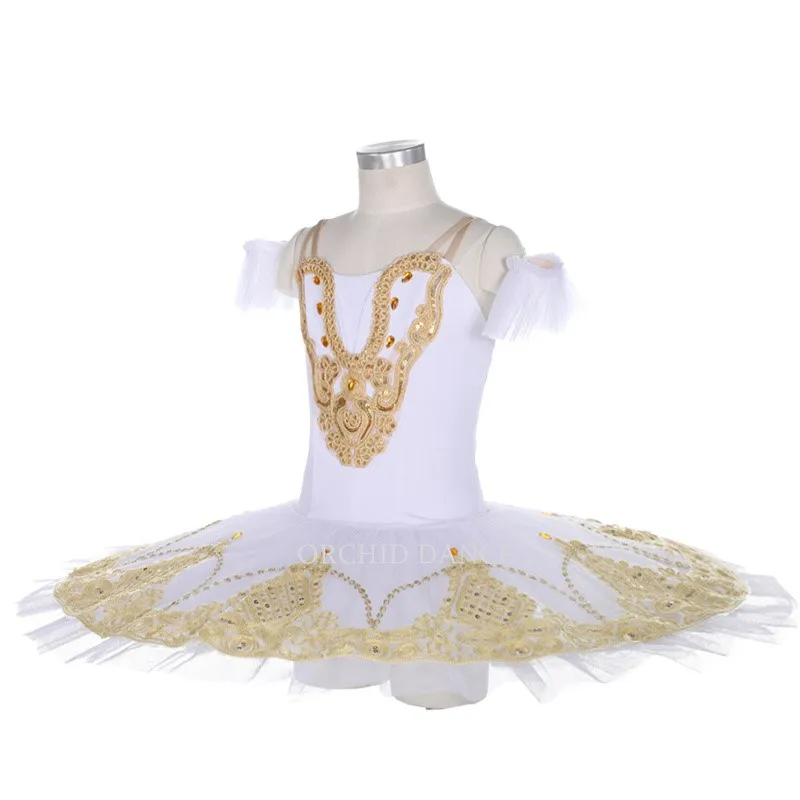 Professional High Quality 8 Layers Kids Girls Dance Performance Wear White Gold Ballet Tutu