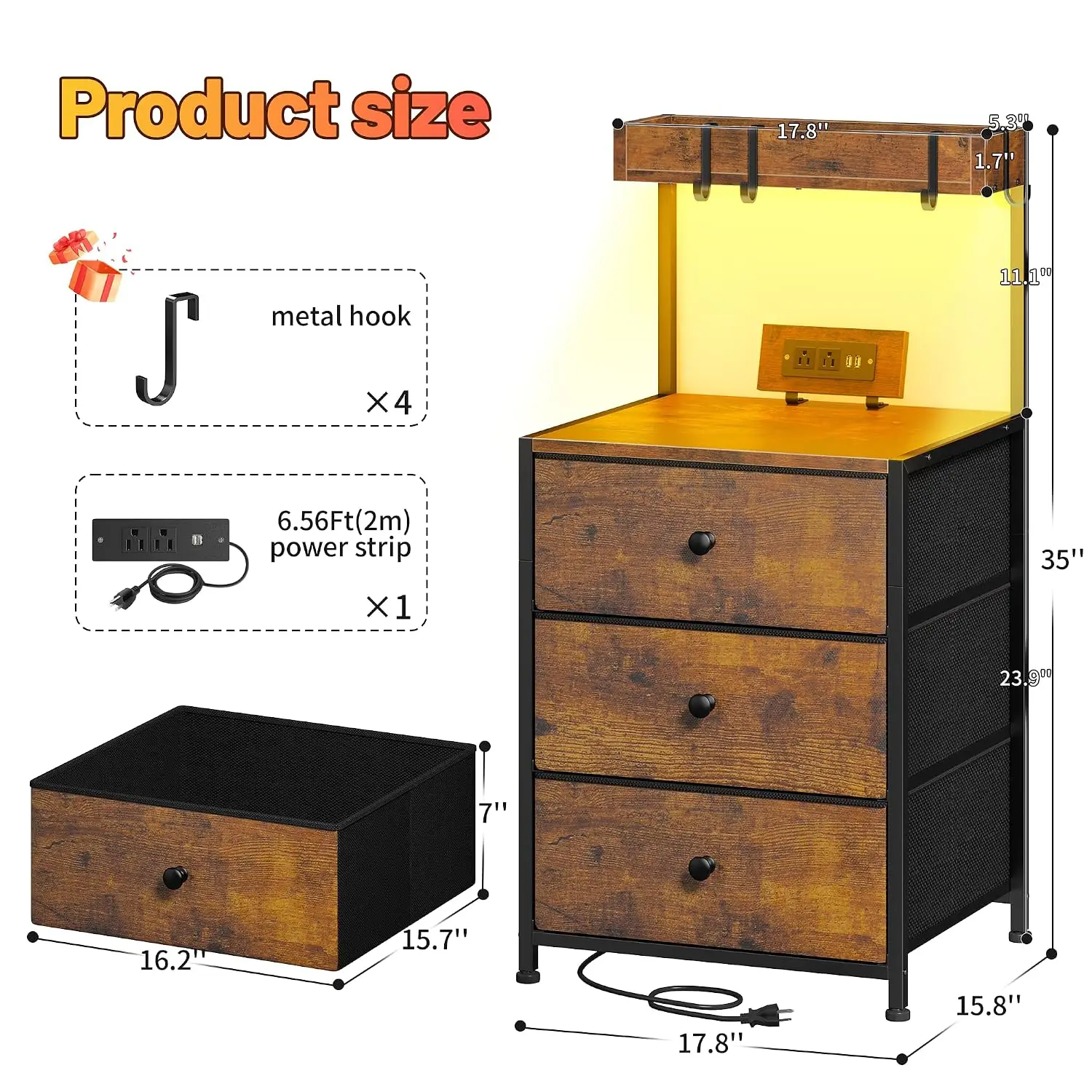 Nightstand with LED & 3 Fabric Drawers, Charging Station & 4 Hooks, Steel Frame for Bedroom, Rustic Brown, Customized